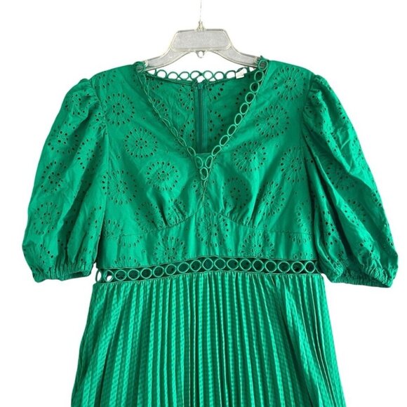 ASOS Broderie Pleated Midi Tea Dress Puff Sleeve Emerald Green Size 12 - Picture 3 of 12